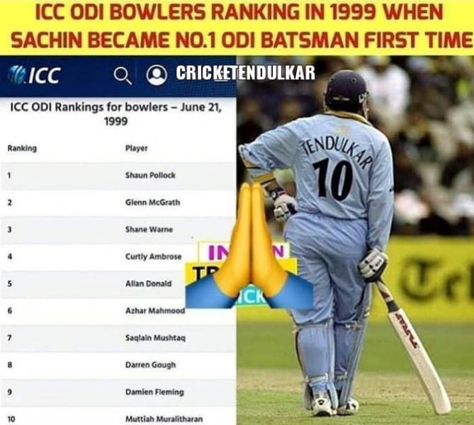 1999 में ICC गेंदबाजों की ODI रैंकिंग जब सचिन तेंदुलकर वर्ल्ड नंबर 1 बने।  पहली बार वनडे बल्लेबाज