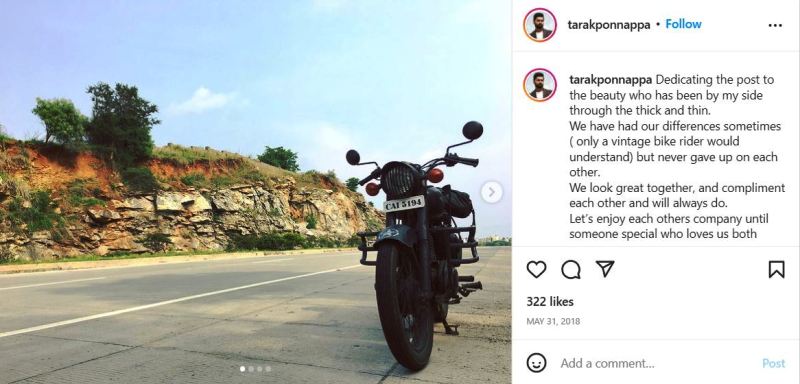 तारक पोनप्पा का इंस्टाग्राम पोस्ट उनकी रॉयल एनफील्ड बाइक को समर्पित