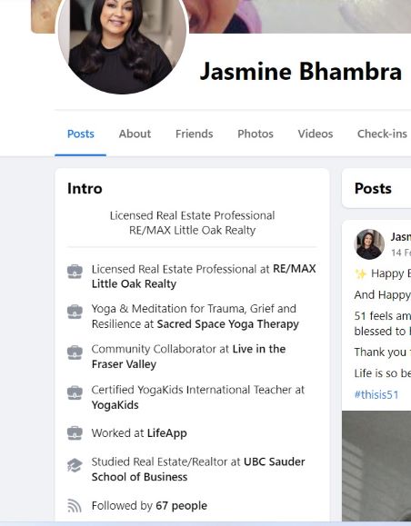 जैस्मिन भाम्ब्रा की फेसबुक क्लिपिंग दिखा रही है उनकी शिक्षा
