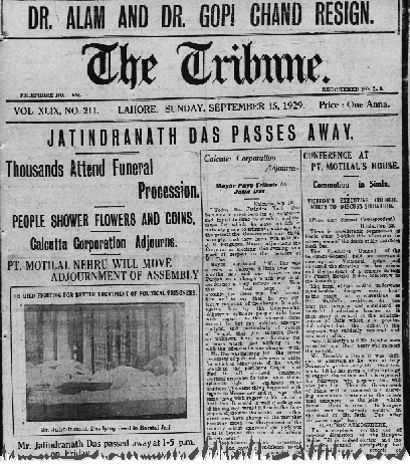 1929 में जतिन नाथ दास की मृत्यु के बाद द ट्रिब्यून द्वारा प्रकाशित समाचार का एक अंश