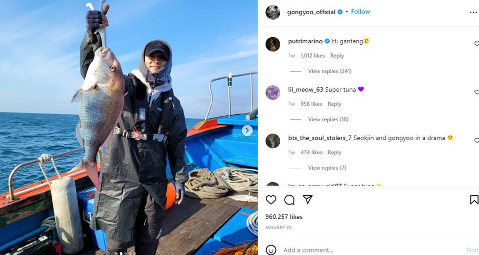 गोंग यू, एक इंस्टाग्राम पोस्ट में मछली पकड़ने के बारे में बात कर रहे हैं।