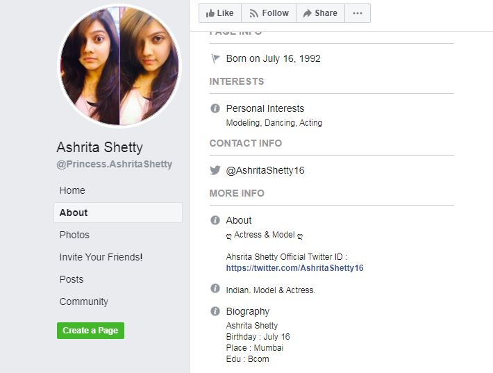 आश्रिता शेट्टी फेसबुक प्रोफाइल