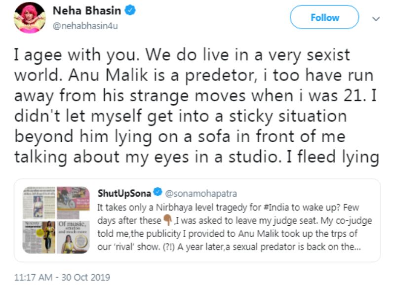 नेहा भसीन ने अनु मलिक को लेकर किया ट्वीट