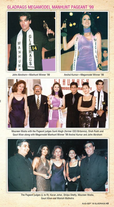 ग्लैडरैग्स पत्रिका का एक अंश जिसमें आंचल कुमार और जॉन अब्राहम को ग्लैडरैग्स मैनहंट और मेगामॉडल प्रतियोगिता (1999) के विजेताओं के रूप में दिखाया गया है।