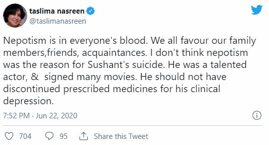 2020 में शुशांत सिंह राजपूत आत्महत्या मामले के बारे में तस्लीमा नसरीन का ट्वीट
