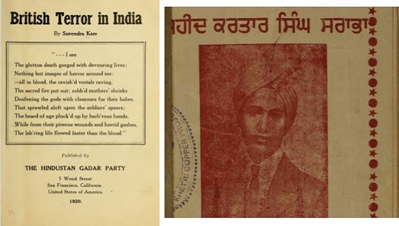 (एल) 1920 में ग़दर अखबार से प्रकाशित एक पैम्फलेट;  (डी) सराभा के चित्र के साथ एक किताब का कवर