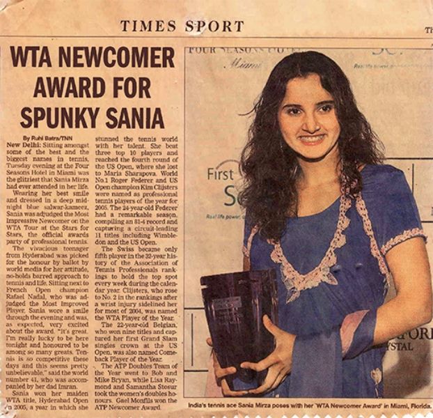 सानिया मिर्जा ने जीता डब्ल्यूटीए न्यूकमर ऑफ द ईयर का पुरस्कार