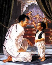 एसी भक्तिवेदांत स्वामी प्रभुपाद अपने पिता से कृष्ण की पूजा के तरीके सीख रहे हैं: एक काल्पनिक छवि