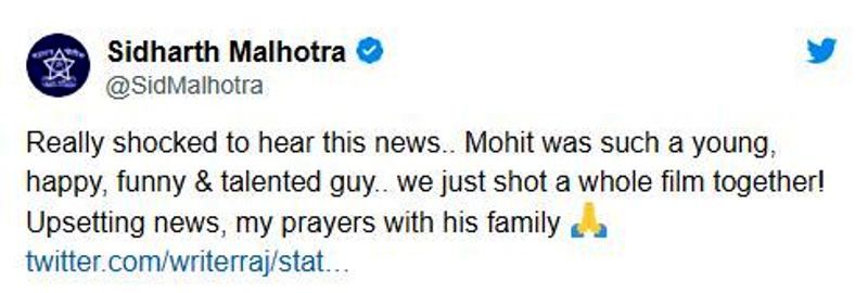 मोहित बघेल की मौत पर सिद्धार्थ मल्होत्रा ​​का ट्वीट