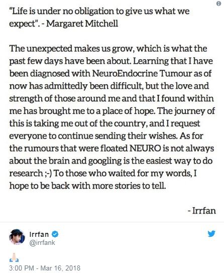 इरफान खान की बीमारी का ट्विटर पर किया खुलासा
