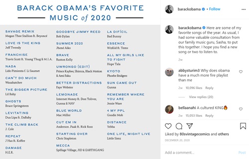 बराक ओबामा 2020 के उनके पसंदीदा गीतों की प्लेलिस्ट