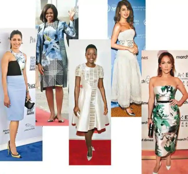 फ्रीडा पिंटो, मिशेल ओबामा, लुपिता न्योंगो, प्रियंका चोपड़ा और जेनिफर लोपेज बिभू महापात्रा द्वारा डिजाइन किए गए कपड़े में