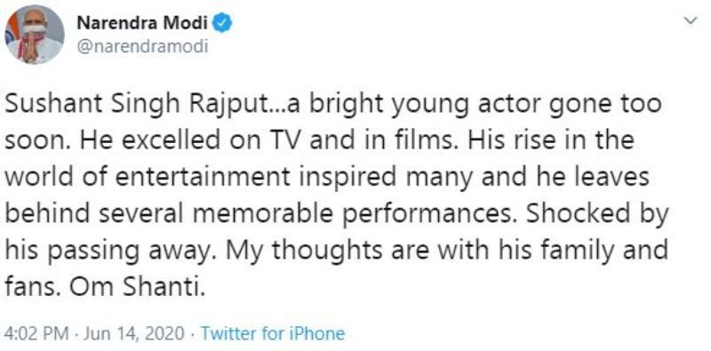 सुशांत सिंह राजपूत के निधन पर नरेंद्र मोदी का ट्वीट