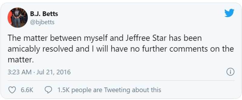 जेफ्री स्टार के साथ हल किए गए मुद्दे के बारे में बीजे बीट्स का ट्वीट