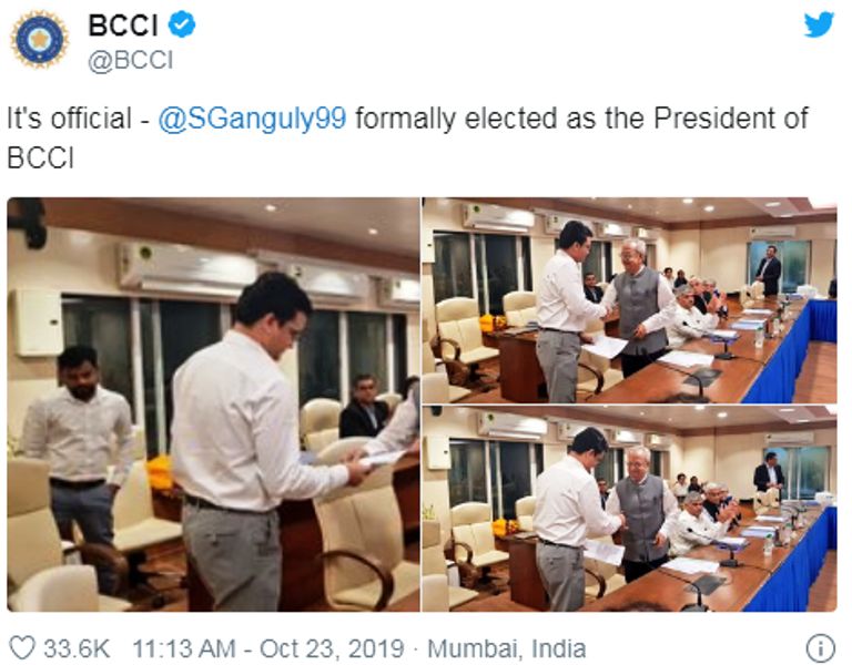 सौरव गांगुली के बीसीसीआई अध्यक्ष के रूप में पदभार ग्रहण करने के बारे में बीसीसीआई ट्विटर पोस्ट