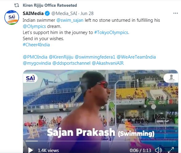 भारतीय खेल मंत्री;  साजन प्रकाश के लिए ट्वीट