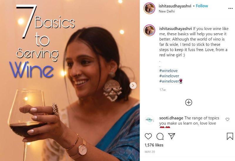 इशिता की एक इंस्टाग्राम पोस्ट के साथ कैप्शन में लिखा है कि उन्हें वाइन पीना पसंद है।