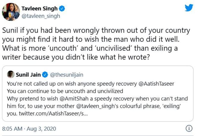 तवलीन सिंह ने अमित शाह के खिलाफ अपने कथित अपमानजनक ट्वीट के लिए अपने बेटे आतिश तासीर का बचाव किया