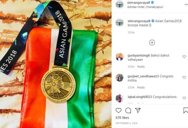 सिमरनजीत सिंह की एक इंस्टाग्राम पोस्ट जिसमें 2018 एशियाई खेलों में भारत का कांस्य पदक दिखाया गया है