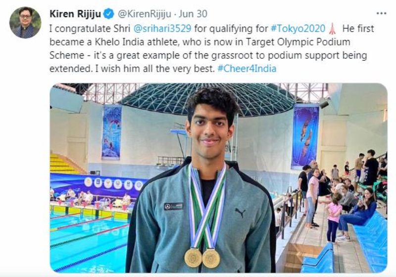 भारत के खेल मंत्री का ट्वीट FINA'A' रैंकिंग में क्वालीफाई करने के लिए श्रीहरि नटराज को बधाई देता है