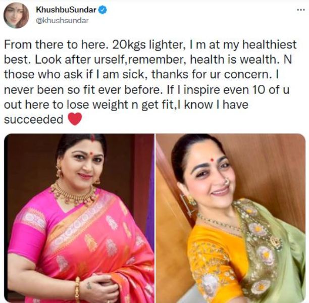 खुशबू सुंदर ने अपने 20 किलो वजन घटाने के बारे में ट्वीट किया