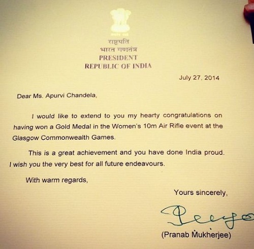 अपूर्वी चंदेला 2014 में भारत के पूर्व राष्ट्रपति प्रणब मुखर्जी का धन्यवाद पत्र