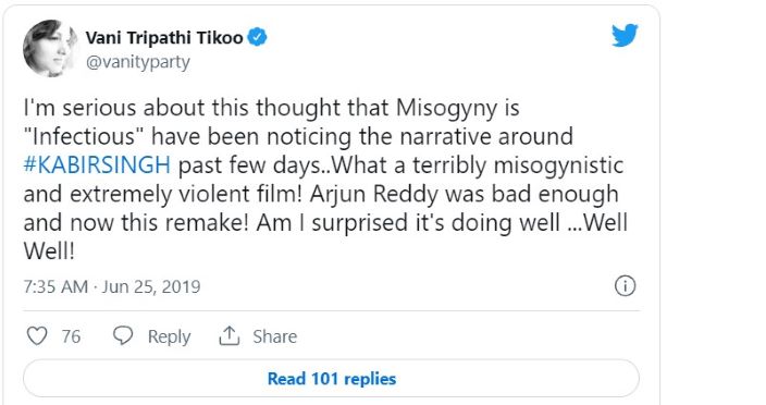 2019 में कबीर सिंह फिल्म के लिए वाणी त्रिपाठी का ट्वीट