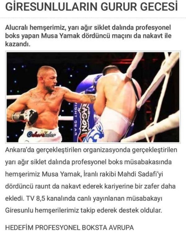 एक पेशेवर मुक्केबाजी मैच में मूसा को चौथी जीत पर बधाई देते हुए तुर्की का एक स्थानीय समाचार पत्र