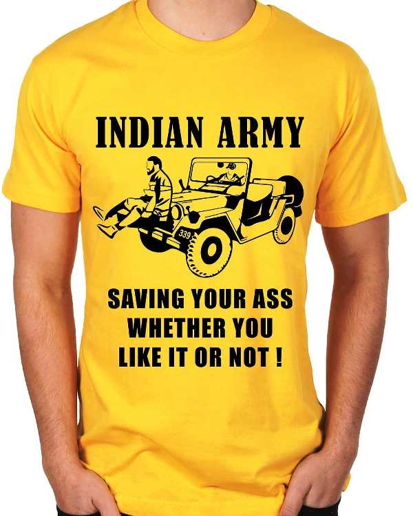 एक टीशर्ट भैया टी-शर्ट 2017 की विवादास्पद घटना को दर्शाती है जब सेना के मेजर लीतुल गोगोई ने भीड़ के खिलाफ मानव ढाल के रूप में कश्मीरी शिल्पकार फारूक अहमद डार को अपनी जीप से बांध दिया था।